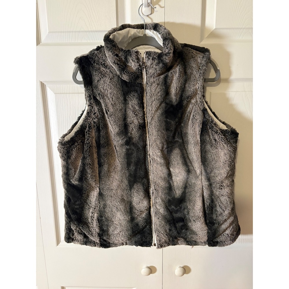 KC Collections Womens Reversible Faux Fur Puffer Vest Grey White XL Full Zip